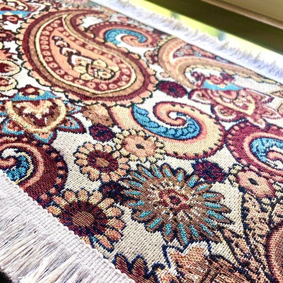 71" Woven Earthy Rustic Boho Warm Tones Jacquard Paisley Fringed Table Runner - Picture 4 of 8